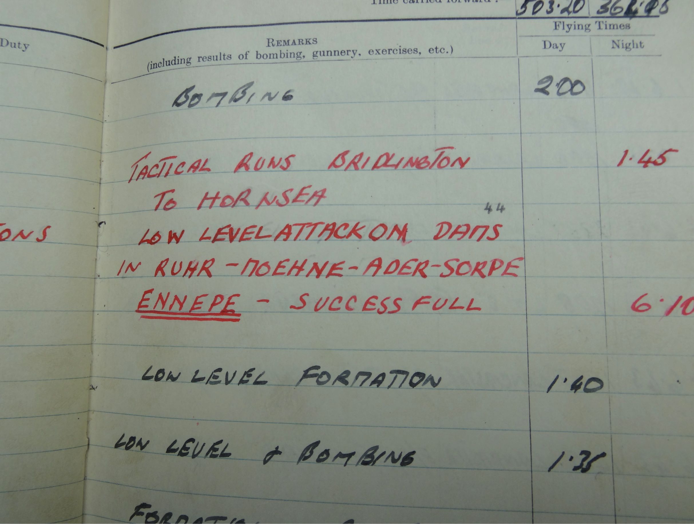Chalmers Log Book 1943 Dams Raid Entry